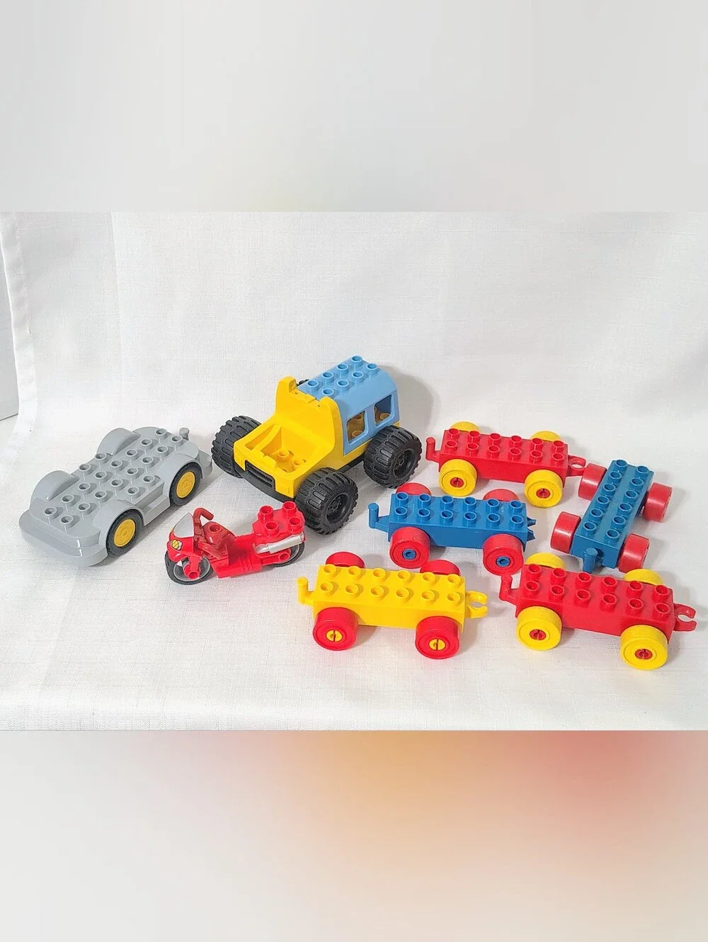 8 Lego Duplo Vehicle Lot - 2 Car Chassis 5 Train Chassis & Spiderman Motorcycle